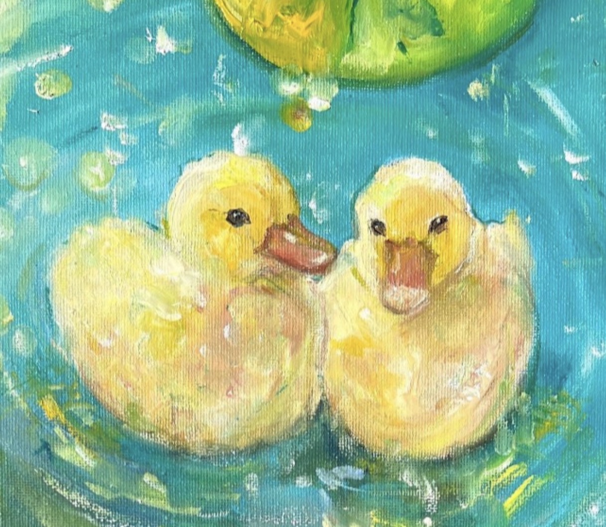 Detail of Ducklings in the Garden Pond by Marina Stognieva — ducklings, water and oil painting texture